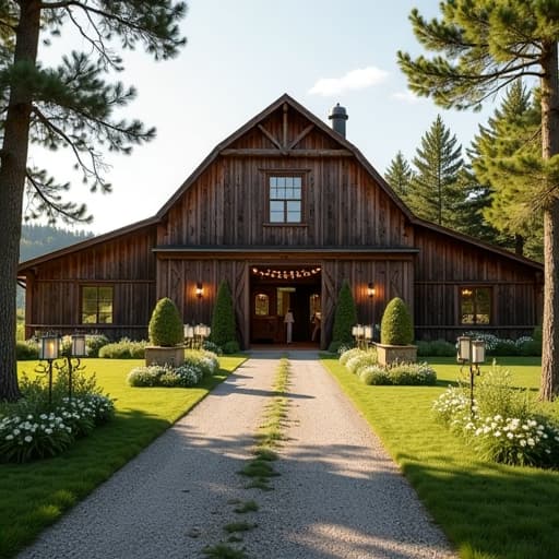  create an image with the following specifications: main subject: description: a rustic barn transformed into an elegant wedding venue. style: charming and romantic countryside chic. setting: location: rural countryside near savonlinna, finland. composition: framing: wide angle shot capturing the entire barn facade and surrounding nature. style: art movement: contemporary realism. technique: high dynamic range photography. atmosphere: mood: warm, inviting, and festive. color palette: dominant colors: warm wood tones, soft whites, lush greens. mood: natural and harmonious. details: foreground: gravel path leading to the barn, lined with lanterns and wildflowers. background: rolling hills and a picturesque finnish forest. technical spe hyperrealistic, full body, detailed clothing, highly detailed, cinematic lighting, stunningly beautiful, intricate, sharp focus, f/1. 8, 85mm, (centered image composition), (professionally color graded), ((bright soft diffused light)), volumetric fog, trending on instagram, trending on tumblr, HDR 4K, 8K