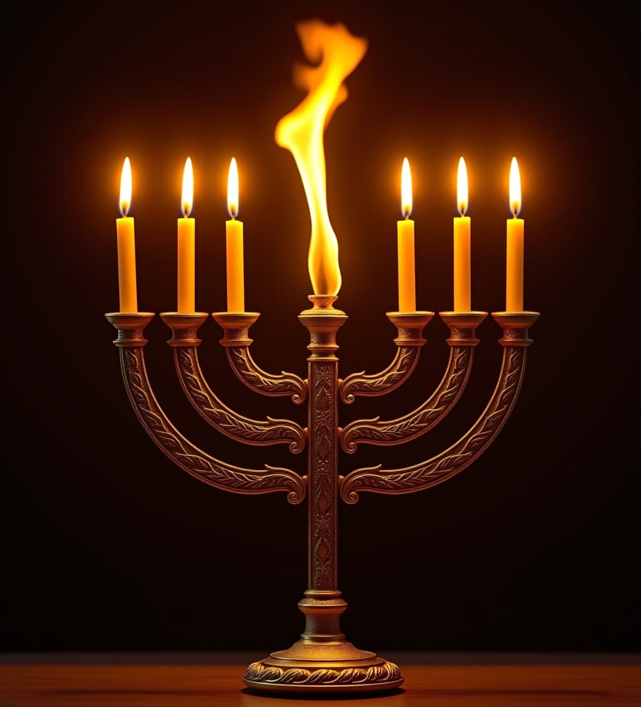  a·tall golden flaming cross as the center flame in an ornate beautiful golden seven branch menorah