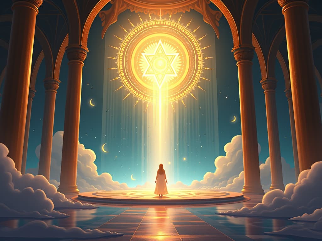  grand celestial hall with glowing light, sacred symbols, serene ethereal beings, atmosphere of honor and worth. the style is digital art illustration,highly detailed, whimsical,magical, dreamlike atmosphere, realism and fantasy blend, smooth, glossy textures,luminous quality, wonder and enchantment.