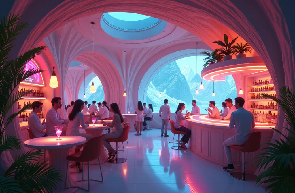  "create a surreal scene of a futuristic café filled with vibrant, ethereal beings engaged in animated conversations. the interior features flowing, organic architecture with soft, glowing lights and holographic displays showcasing dynamic visual data. ethereal plants intertwine with high tech elements, while a central floating bar serves colorful, exotic drinks. the atmosphere should blend warm and cool tones, evoking a sense of creativity and connection in a digital age." hyperrealistic, full body, detailed clothing, highly detailed, cinematic lighting, stunningly beautiful, intricate, sharp focus, f/1. 8, 85mm, (centered image composition), (professionally color graded), ((bright soft diffused light)), volumetric fog, trending on instagram, trending on tumblr, HDR 4K, 8K