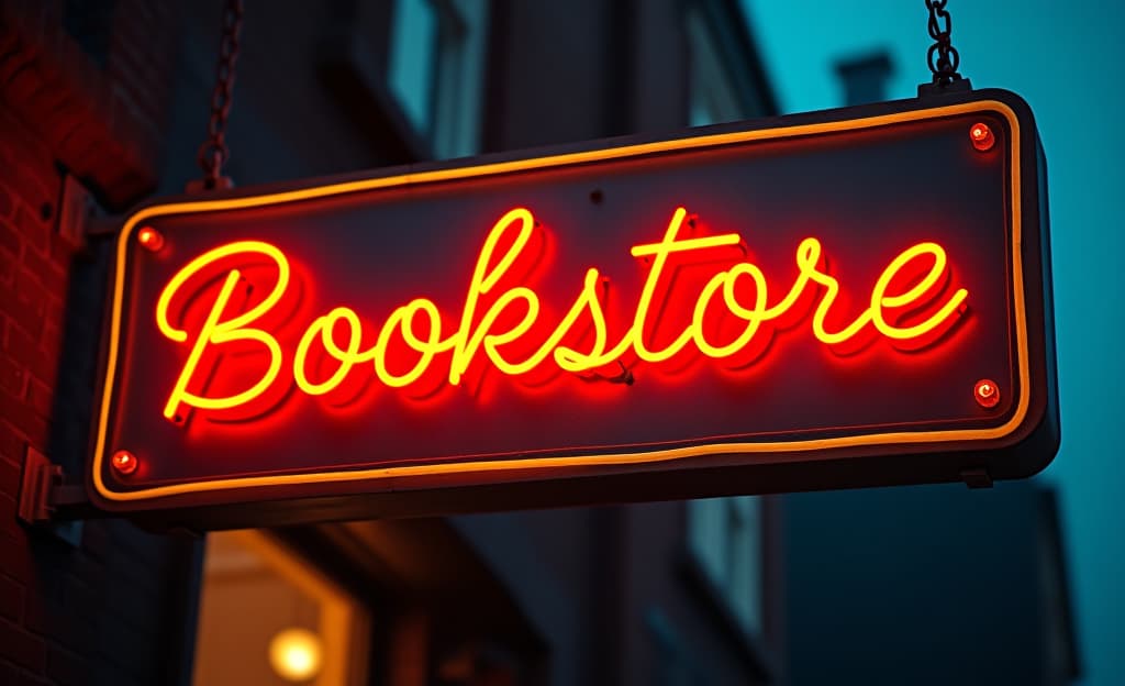  a vintage, neon sign for a used bookstore with the words "bookstore" written in elegant, flowing calligraphy. the sign should have a warm, inviting glow and be slightly weathered, giving it a sense of history and charm. the neon tubes should be a vibrant orange yellow color, reminiscent of old fashioned signs. the background should be a dark, atmospheric blue, creating a stark contrast with the bright sign.hyper detail, intricate details, sharp focus, high resolution, 8k, ultra detailed, vib