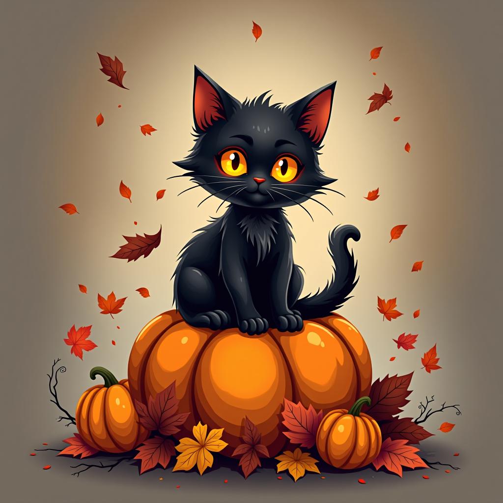  a cute black cat with glowing eyes sitting on a pumpkin, surrounded by swirling autumn leaves in a whimsical style, with warm, moody lighting. t shirt design, vector, contour, white background, no mockup hyperrealistic, full body, detailed clothing, highly detailed, cinematic lighting, stunningly beautiful, intricate, sharp focus, f/1. 8, 85mm, (centered image composition), (professionally color graded), ((bright soft diffused light)), volumetric fog, trending on instagram, trending on tumblr, HDR 4K, 8K