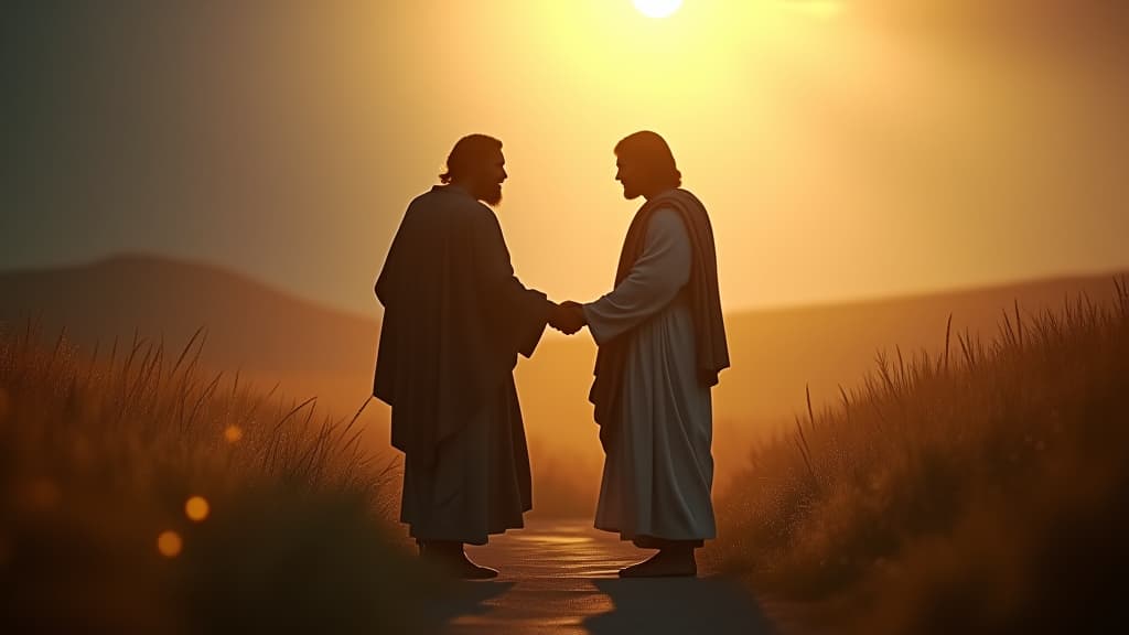  history of biblical times, a peaceful moment showing the reconciliation of jacob and esau, with a backdrop of divine light illuminating their path hyperrealistic, full body, detailed clothing, highly detailed, cinematic lighting, stunningly beautiful, intricate, sharp focus, f/1. 8, 85mm, (centered image composition), (professionally color graded), ((bright soft diffused light)), volumetric fog, trending on instagram, trending on tumblr, HDR 4K, 8K