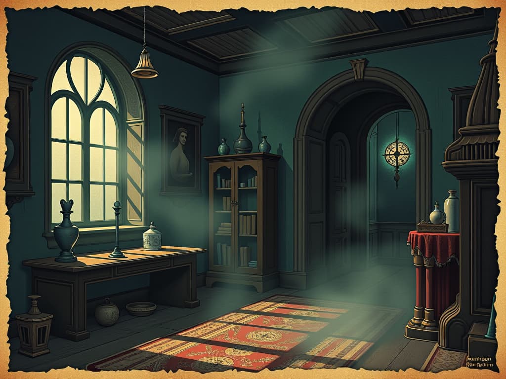  a dimly lit room, filled with aged artifacts, wisps of fog, atmosphere of timeworn history, sense of past events, intricate details, historical resonance. an illustration in the style of a worn, mystical old tarot trump card, mysterious and elements of surrealism. the colors are muted, somber and eerie, but with contrast bring out an occult and esoteric vibe.