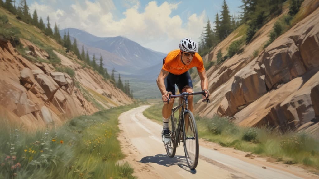 A professional cyclist gliding down a rugged pathway, portrayed in the dynamic style of an abstract oil painting.