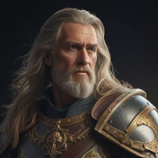 An Old Knight with Warhammer, with battle hardened face a long flowing hair, a Christian holy paladin a Golden cross on breastplate , stands tall proudly for God and his country, a true believer of Christ a Christian ✝️ , hyperrealistic, high quality, extremely detailed, cinematic lighting, intricate, sharp focus, f/1. 8, 85mm, (centered image composition), (professionally color graded), ((bright soft diffused light)), trending on instagram, HDR 4K, 8K