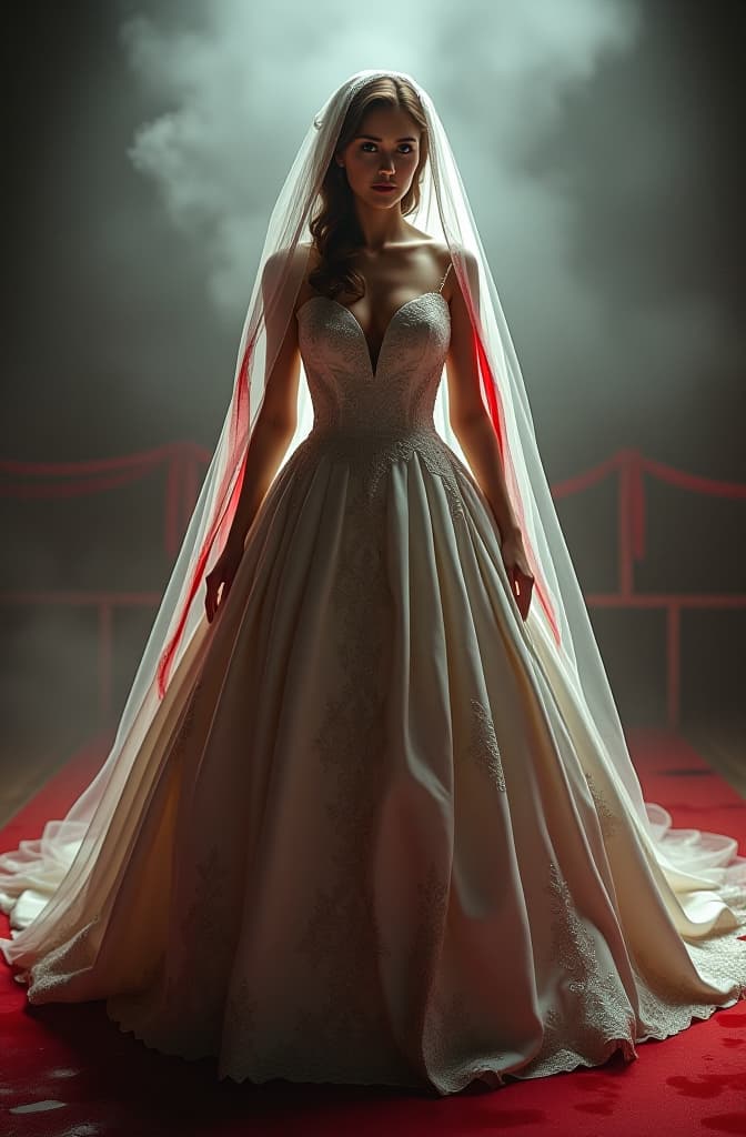  very blood stained wedding dress hyperrealistic, full body, detailed clothing, highly detailed, cinematic lighting, stunningly beautiful, intricate, sharp focus, f/1. 8, 85mm, (centered image composition), (professionally color graded), ((bright soft diffused light)), volumetric fog, trending on instagram, trending on tumblr, HDR 4K, 8K