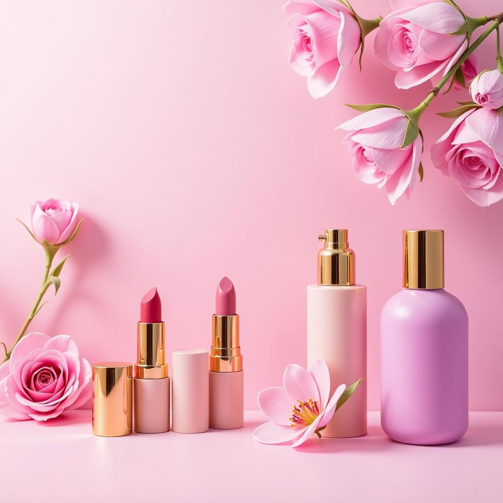  a striking instagram cover for a beauty online shop showcasing a luxurious blend of bold gold, soft light pink, and delicate light purple. the design features elegant cosmetic products like lipsticks and skincare bottles arranged artistically against a gradient background that transitions seamlessly between the three colors. gold accents add a touch of glamour, while graceful floral elements in pink and purple enhance the overall aesthetic, creating an inviting and fashionable atmosphere.