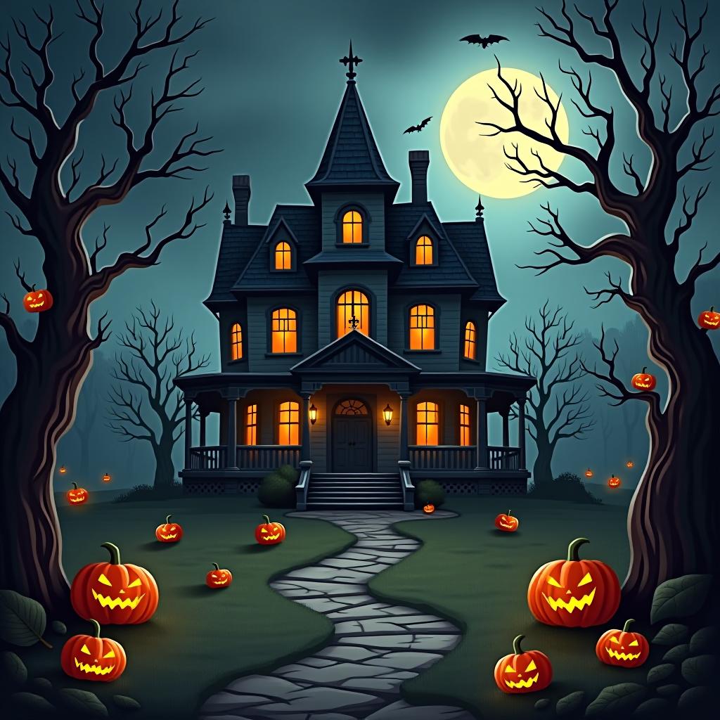  create a seamless digital painting of a spooky, halloween themed scene featuring a haunted house with gothic architecture. the house should be surrounded by twisted, gnarled trees and a multitude of jack o' lanterns. the scene should include a dark, cloudy sky to enhance the eerie atmosphere. the overall style should be detailed and atmospheric, capturing the essence of a haunted, creepy environment perfect for halloween, ensuring the design is seamless for use in repeating patterns or wraps.