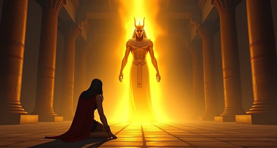  the healer, desperate and anxious, kneeling before a mysterious, glowing figure wrapped in golden light, set against the backdrop of a grand ancient temple, filled with shadows and intrigue. the style is digital art illustration / modern comic book / mysterious occult, symbolic, esoteric vibe,high detail on character design, incorporating ancient egyptian symbology and attire.