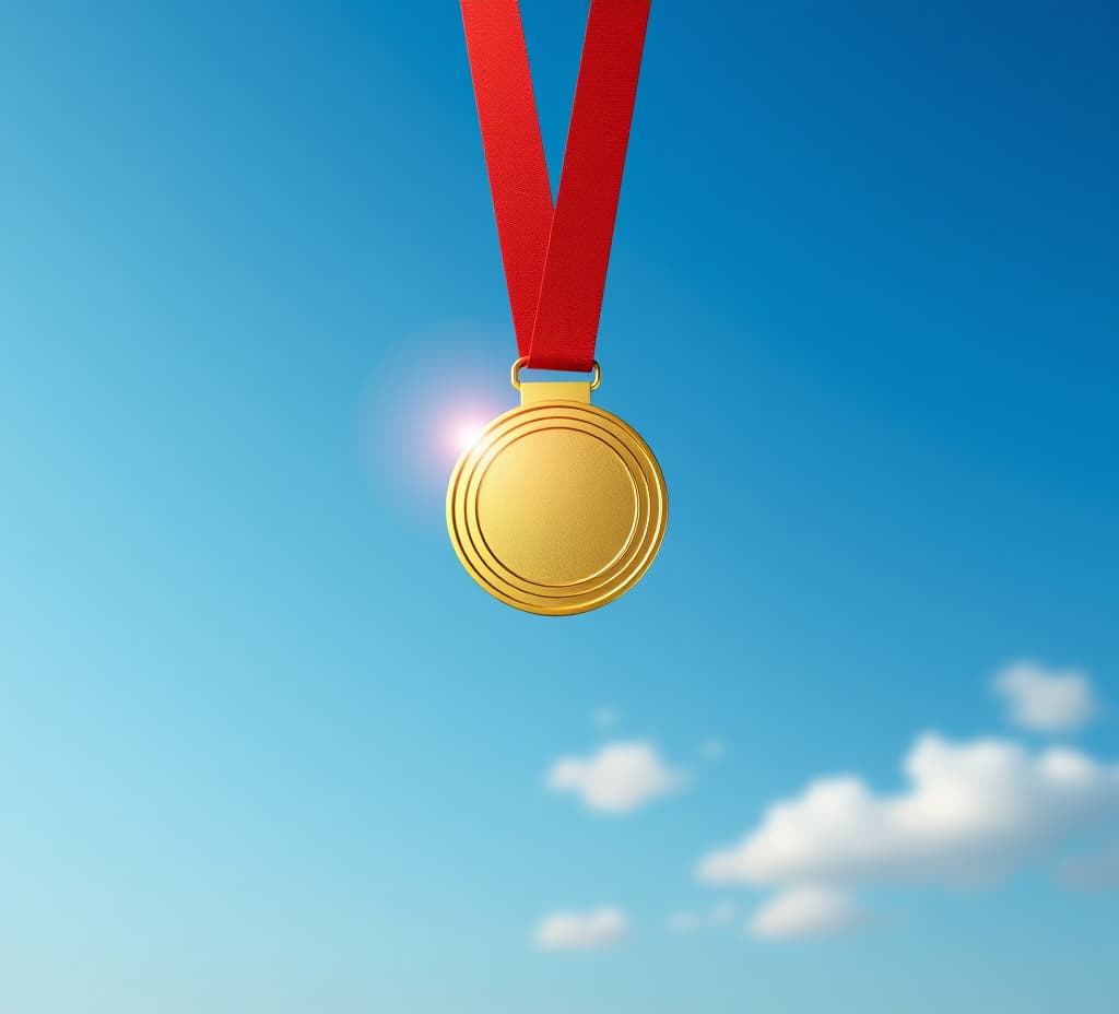  gold medal hanging in the blue sky, winner against blue sky background copy space, sports, winning, achievement, game, sports business, success concept