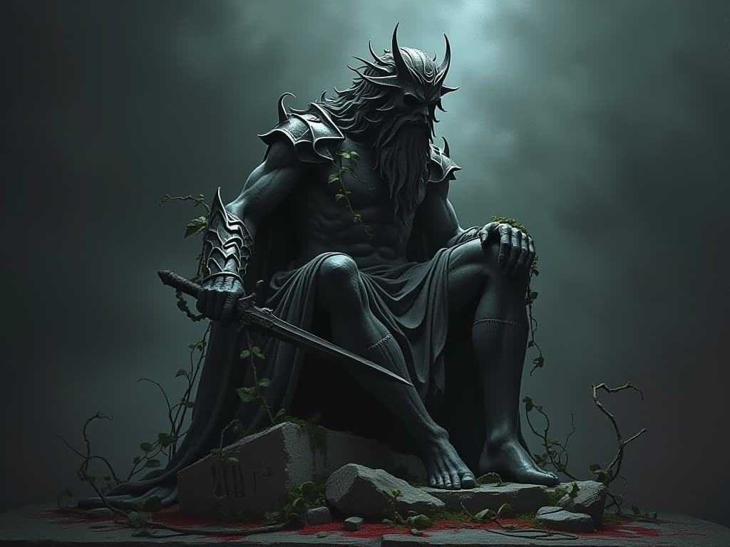  a shattered statue of a once proud warrior, covered in vines, sense of decay, lost glory.. the style is dark fantasy and mysterious occult, symbolic, moody lighting, esoteric vibe,high detail on character design. for the color scheme emphasize blacks and reds.