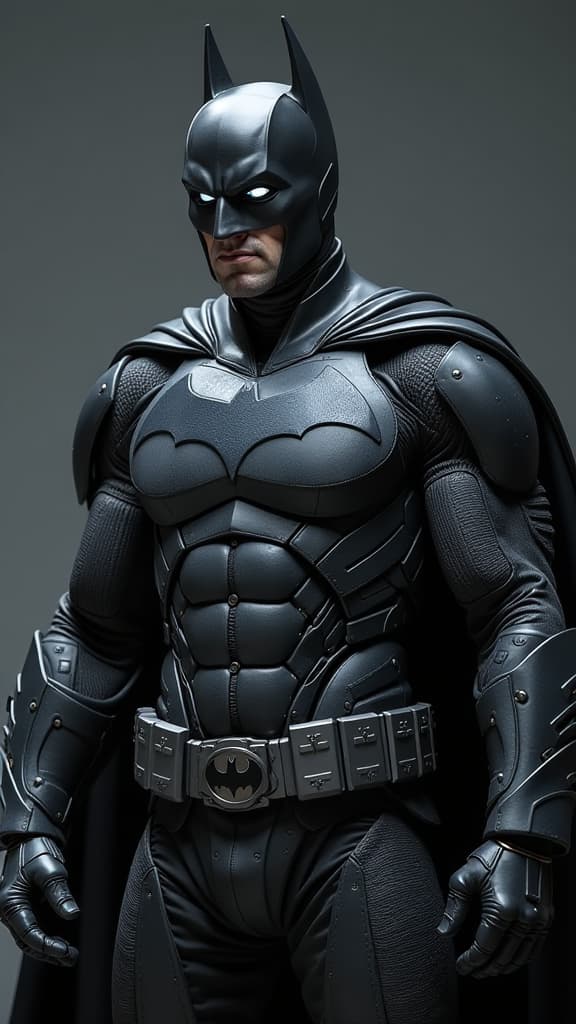  batman helmet with glowing grey eyes. all black metal suit. grey batman symbol on chest. grey cape. black arm sleeves with blades. grey belt with black bat symbol on belt buckle. all black metal armor pants. all black metal armor boots.