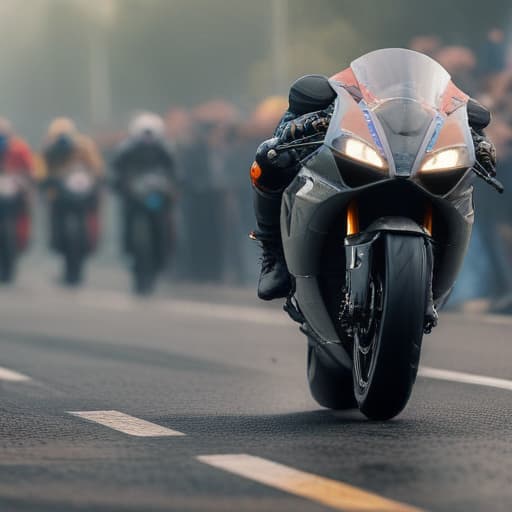 Sportsbike racing on track with blurred audience in the background hyperrealistic, full body, detailed clothing, highly detailed, cinematic lighting, stunningly beautiful, intricate, sharp focus, f/1. 8, 85mm, (centered image composition), (professionally color graded), ((bright soft diffused light)), volumetric fog, trending on instagram, trending on tumblr, HDR 4K, 8K