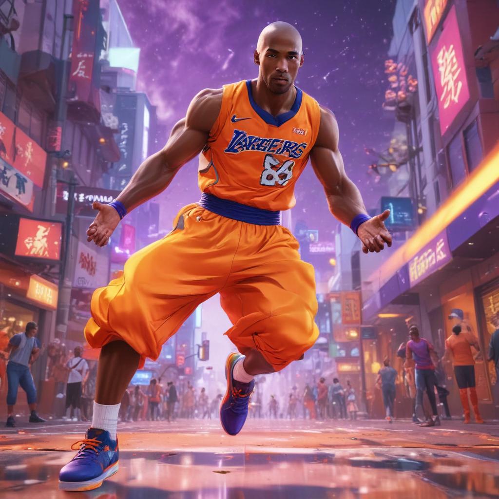 distance-shot, flashy, full-body, dynamic, holographic, animated cartoon poster of kobe scene in the style of dragon ball super