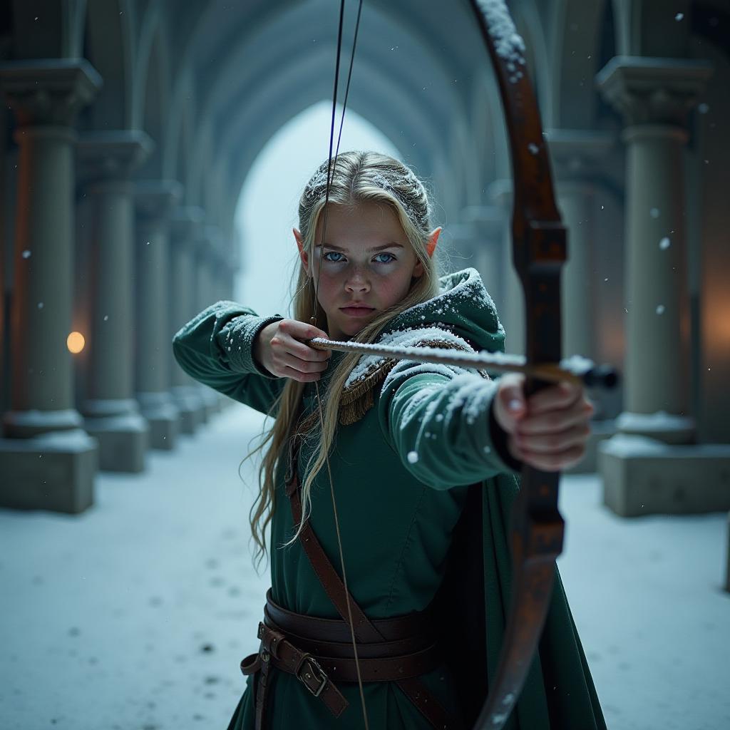  cinematic photo digital photo. a large hall with high vaults covered with darkness. too dark. a strong wind blows, a snowstorm sweeps. bad visibility. close up. a blonde young elf archer shrouded in a snowy whirlwind shoots from a bow . 35mm photograph, film, bokeh, professional, 4k, highly detailed