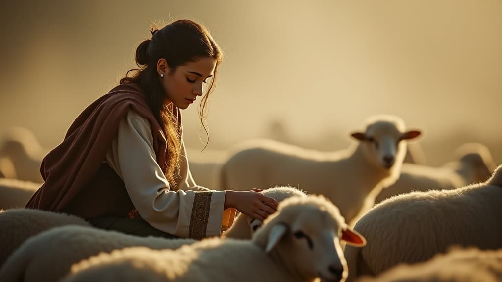  history of biblical times, rachel tending to the sheep, her compassion evident as she connects with the animals, showcasing her nurturing personality. hyperrealistic, full body, detailed clothing, highly detailed, cinematic lighting, stunningly beautiful, intricate, sharp focus, f/1. 8, 85mm, (centered image composition), (professionally color graded), ((bright soft diffused light)), volumetric fog, trending on instagram, trending on tumblr, HDR 4K, 8K