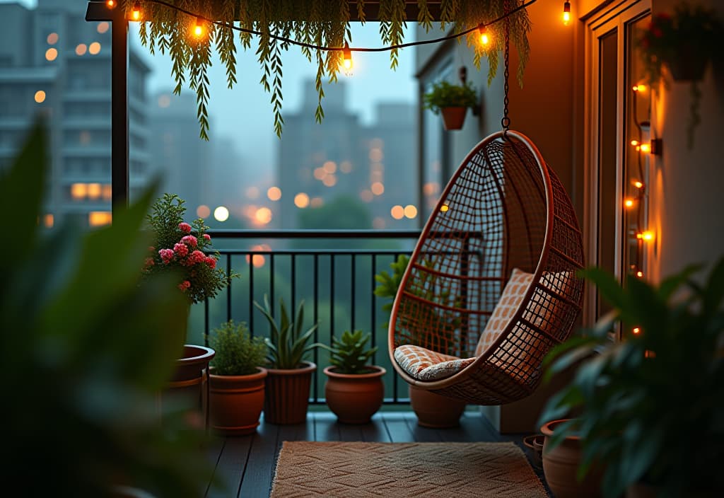  a landscape photo of a small balcony transformed into a lush urban oasis with potted plants, a hanging chair, and fairy lights hyperrealistic, full body, detailed clothing, highly detailed, cinematic lighting, stunningly beautiful, intricate, sharp focus, f/1. 8, 85mm, (centered image composition), (professionally color graded), ((bright soft diffused light)), volumetric fog, trending on instagram, trending on tumblr, HDR 4K, 8K