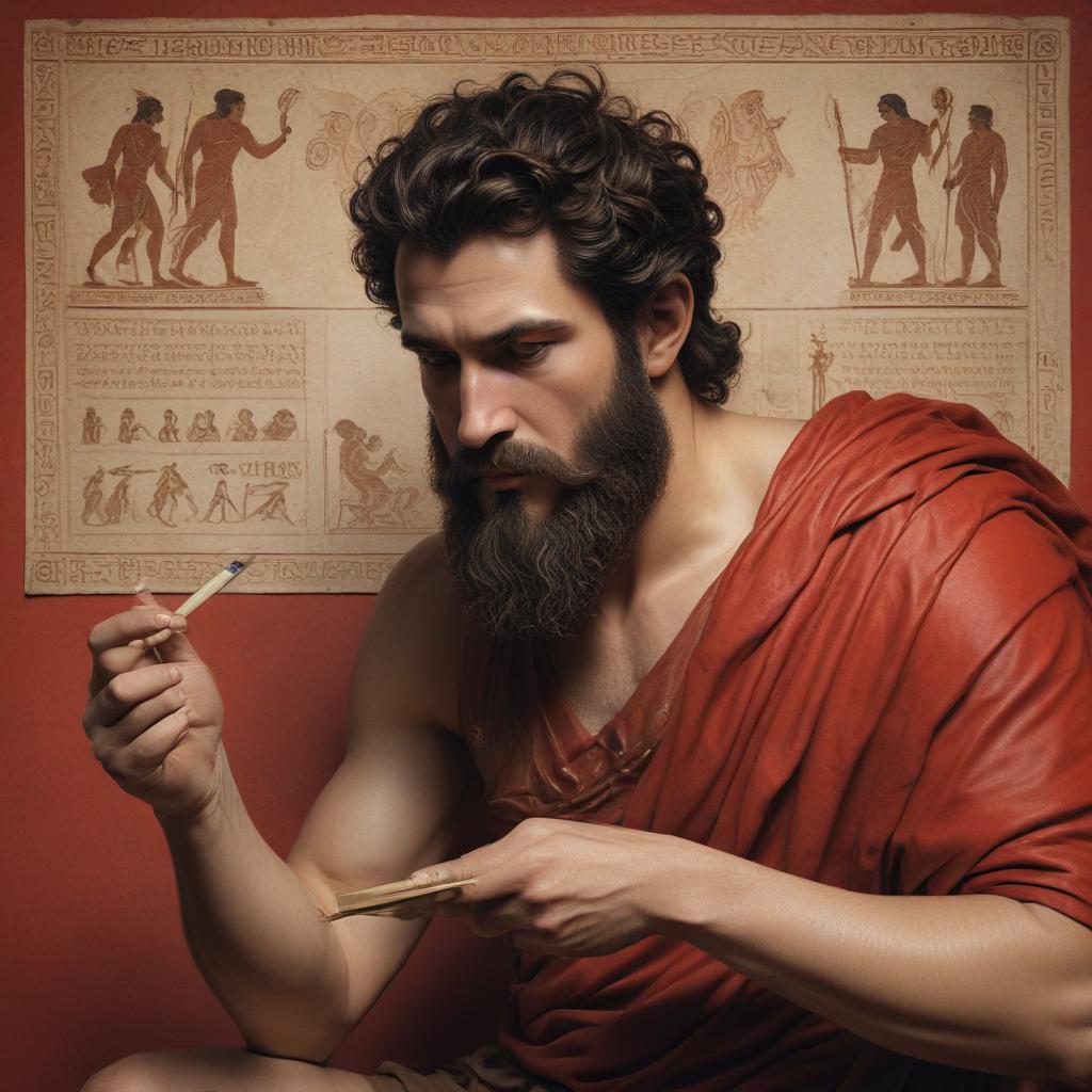 Agamemnon crafting a deceitful message to Achilles, quill in hand, furrowed brow and a calculating gaze, parchment with false promises, a sense of urgency and desperation in the room"in the style of classical Greek pottery art, with intricate black figures on a red background, depicting mythological scenes with a focus on gods and heroes, using a limited color palette of red, black, and white"This image is a breathtaking painting that captures the magical scene with vivid detail. The overall composition is spellbinding, showcasing a perfect harmony. photorealism fantasy, unreal engine 5, concept hyperrealistic, full body, detailed clothing, highly detailed, cinematic lighting, stunningly beautiful, intricate, sharp focus, f/1. 8, 85mm, (centered image composition), (professionally color graded), ((bright soft diffused light)), volumetric fog, trending on instagram, trending on tumblr, HDR 4K, 8K