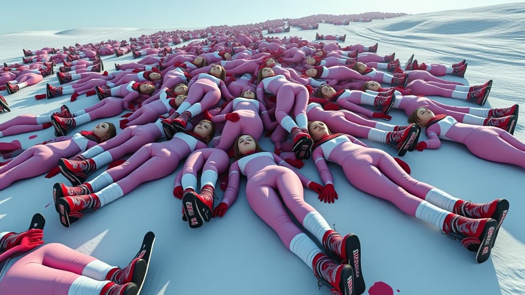  a pileup of skiier girls wearing tight skiing outfits after they all stumbled over eachother. all of them are unconsciouss and have their eyes closed. its on the slope of a snowy mountain. theres blood spots all around and a few dead skiiers laying around the pile. they are all wearing long white socks and red vans shoes and there are at least 200 people in the pileup. its in first person perspective of one of the skiers