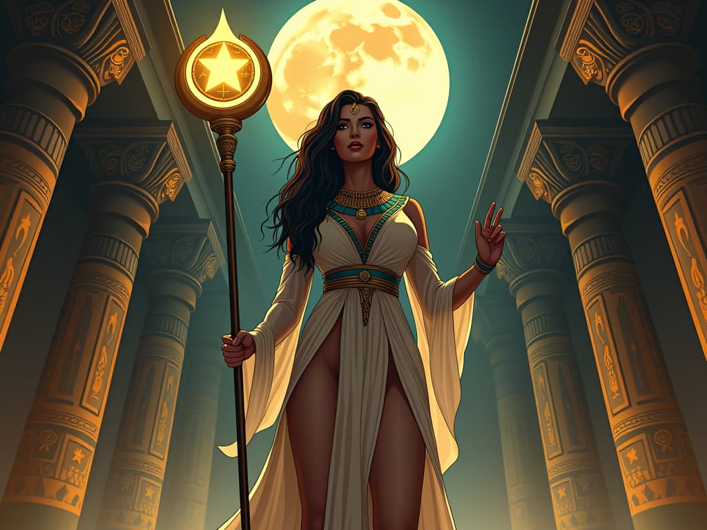  a grand egyptian hall, illuminated by a full moon, adorned with celestial symbols, large busted priestess in sheer robes holding a glowing staff, symbol of cosmic encouragement and growth. the style is digital art illustration / modern comic book / mysterious occult, symbolic, esoteric vibe,high detail on character design, incorporating ancient egyptian symbology and attire.