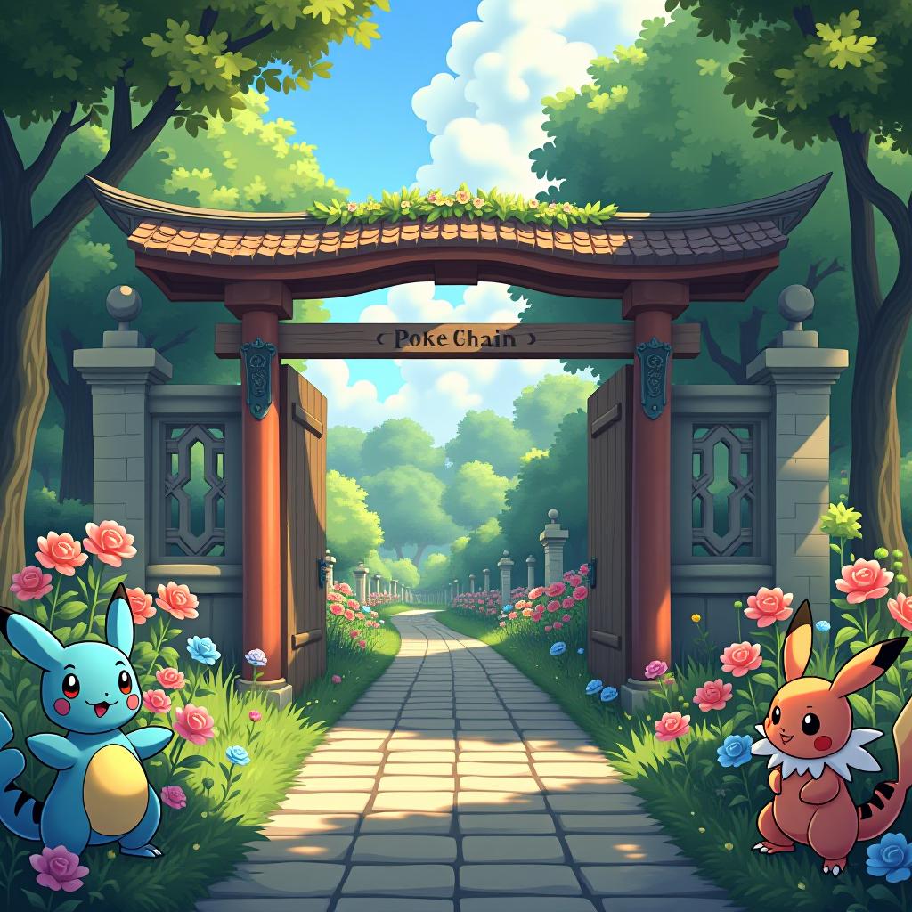  a beautiful garden full of beautiful pokemon with a gate that have written on it pokechain