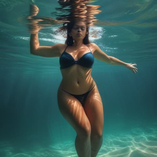 tanned woman with wide hips in full growth sinking underwater