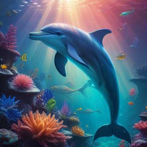 In a serene underwater kingdom, a majestic Divine Beast rises from the depths. Serenade Dolphin gracefully glides through the crystal-clear waters, its iridescent scales shimmering in the sunlight. Its elegant fins and tail create a mesmerizing dance as it emits a soothing melody that calms even the fiercest of creatures. The vibrant coral reefs and colorful fish surrounding the Divine Beast add to the enchanting scene, making it a truly divine sight to behold. fantastical creatures or characters inspired by mythology, folklore, or popular culture. use vibrant colors, sharp lines, intricate details, dynamic poses, dramatic lighting, atmospheric backgrounds, and blend anime, manga, and Western comic influences.