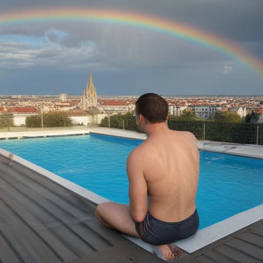 Draw a man who’s going to swim. The scene takes place in a swiming pool of a roof top appartement in Reims . We can see the cathedrale and a rainbow in the Sky.