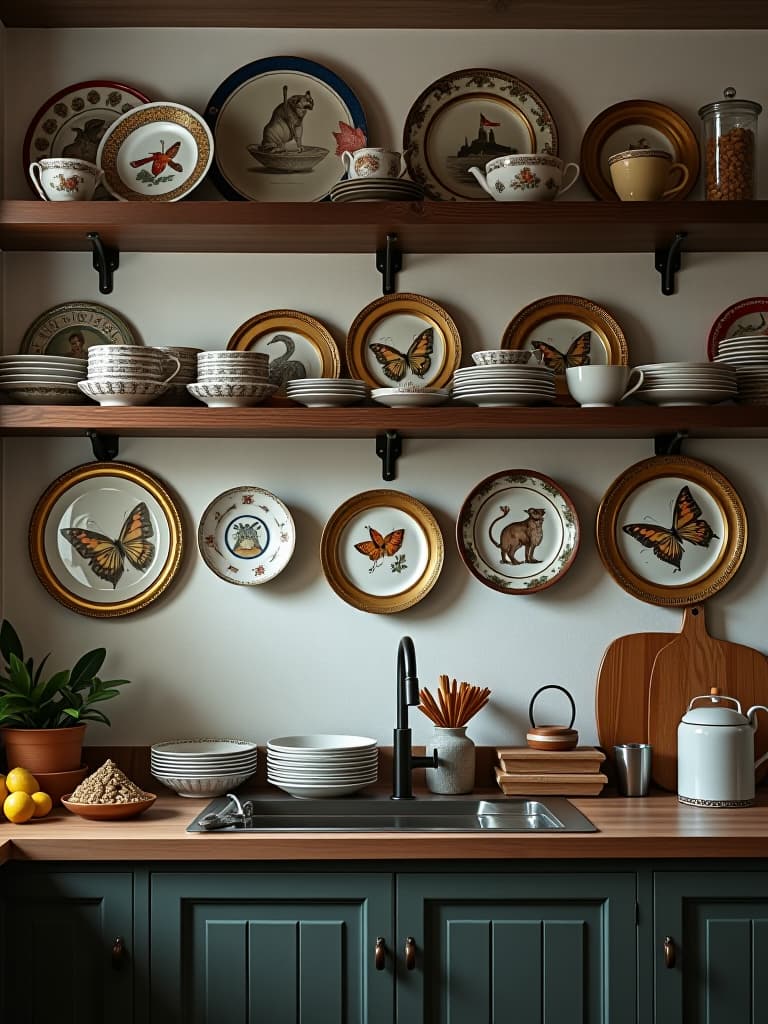  high quality portrait photo of a rustic kitchen with a gallery wall of mismatched vintage plates and small framed artworks arranged in an eclectic pattern above wooden open shelving hyperrealistic, full body, detailed clothing, highly detailed, cinematic lighting, stunningly beautiful, intricate, sharp focus, f/1. 8, 85mm, (centered image composition), (professionally color graded), ((bright soft diffused light)), volumetric fog, trending on instagram, trending on tumblr, HDR 4K, 8K