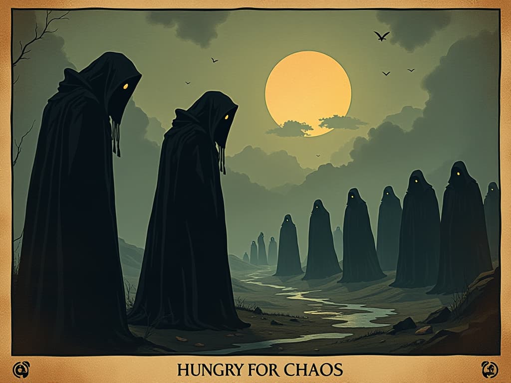  a group of shadowy figures with indistinct features, dark silhouettes observing from a distance, glowing eyes indicating hunger for chaos, eerie atmosphere, sense of lurking danger. an illustration in the style of a worn, mystical old tarot trump card, mysterious and elements of surrealism. the colors are muted, somber and eerie, but with contrast bring out an occult and esoteric vibe.