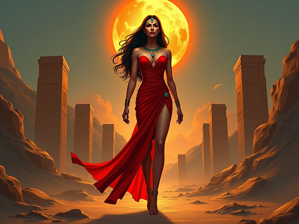  a large busted goddess in a form fitting, fiery red dress, standing amidst a desolate landscape, her presence causing flames to ignite and ancient ruins to glow, symbolizing ambition and creativity. the style is digital art illustration / modern comic book / mysterious occult, symbolic, esoteric vibe,high detail on character design, incorporating ancient egyptian symbology and attire.