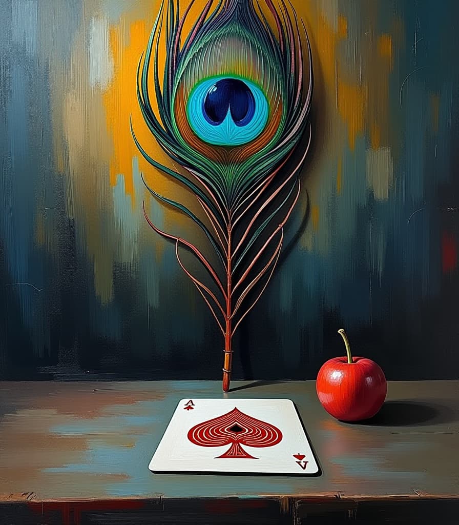  abstract expressionist painting masterpiece. painting. (turkish amulet symbol “nazar” from the evil eye in the form of a peacock feather depicted in the background and a playing card “queen of spades” lying on the table:1.5). (intense close up:1.5). highly detailed strokes, clarity. surrealism, fantasy, expressionism. (style of artist edvard munch:1.5.) . energetic brushwork, bold colors, abstract forms, expressive, emotional hyperrealistic, full body, detailed clothing, highly detailed, cinematic lighting, stunningly beautiful, intricate, sharp focus, f/1. 8, 85mm, (centered image composition), (professionally color graded), ((bright soft diffused light)), volumetric fog, trending on instagram, trending on tumblr, HDR 4K, 8K