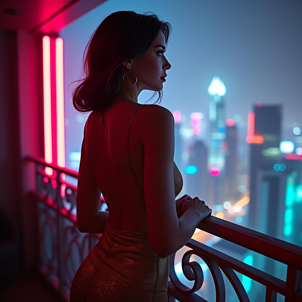  "dystopian duchess": a wide angle shot of a scantily clad woman with aristocratic features, overlooking a technicolor cyberpunk cityscape from an art deco balcony with an enticing allure. shot using a leica sl2 s and a 24 70mm f/2.8 lens capturing all details in high definition amidst a sea of neon splendor. hyperrealistic, full body, detailed clothing, highly detailed, cinematic lighting, stunningly beautiful, intricate, sharp focus, f/1. 8, 85mm, (centered image composition), (professionally color graded), ((bright soft diffused light)), volumetric fog, trending on instagram, trending on tumblr, HDR 4K, 8K