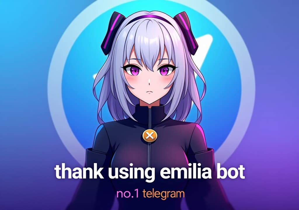  good quality, high quality, a poster style profile picture for a telegram group management bot featuring emilia from re:zero. emilia is depicted with her silver hair and purple eyes, standing confidently with a stylized telegram x icon behind her. the background blends telegram’s blue gradient with subtle purple hues. the text "no.1 telegram group management bot" is prominently displayed at the bottom in bold, modern font, with a small "thank using emilia bot" tag underneath, creating a sleek and professional look.