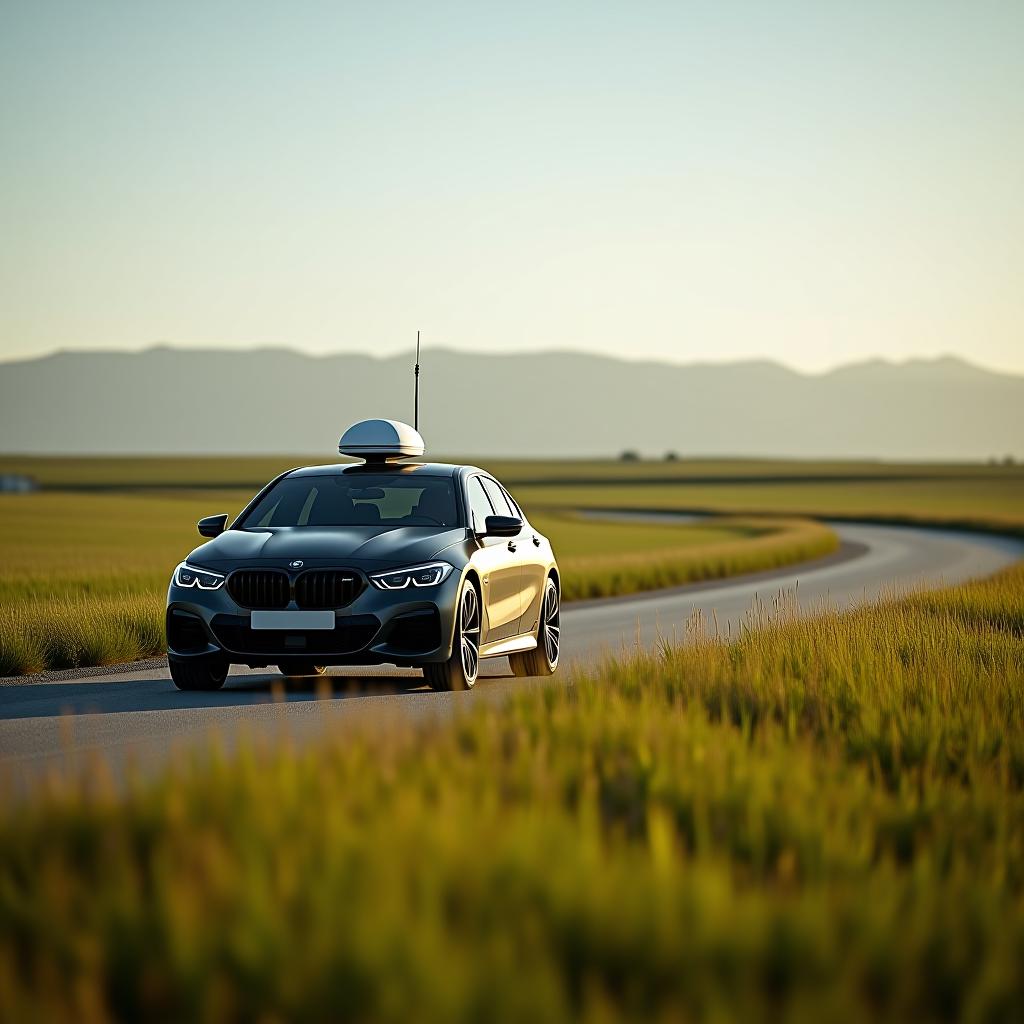  the car is driving along the edge of the fields with a white gnss antenna on the hood.