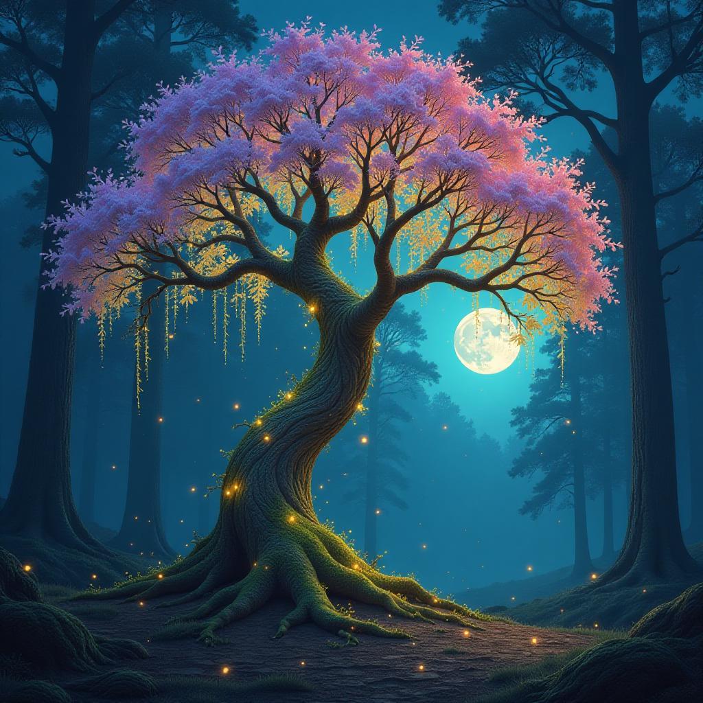  foreground: a majestic tree with glowing, iridescent bark that shimmers in shades of lavender, gold, and emerald. its branches are adorned with magical leaves that cascade like a waterfall of light, each leaf glowing softly in hues of neon blue, ethereal green, and vibrant orange. the tree's trunk is wrapped in delicate, sparkling vines that reflect the colors of the leaves. in the foreground, a few fallen leaves glow brightly on the ground, creating a pathway of light. background: a dreamy, moonlit forest with towering trees silhouetted against a sky filled with swirling clouds that shimmer with stardust. soft moonbeams filter through the canopy above, casting dappled shadows on the forest floor. the air is filled with tiny, luminescent f