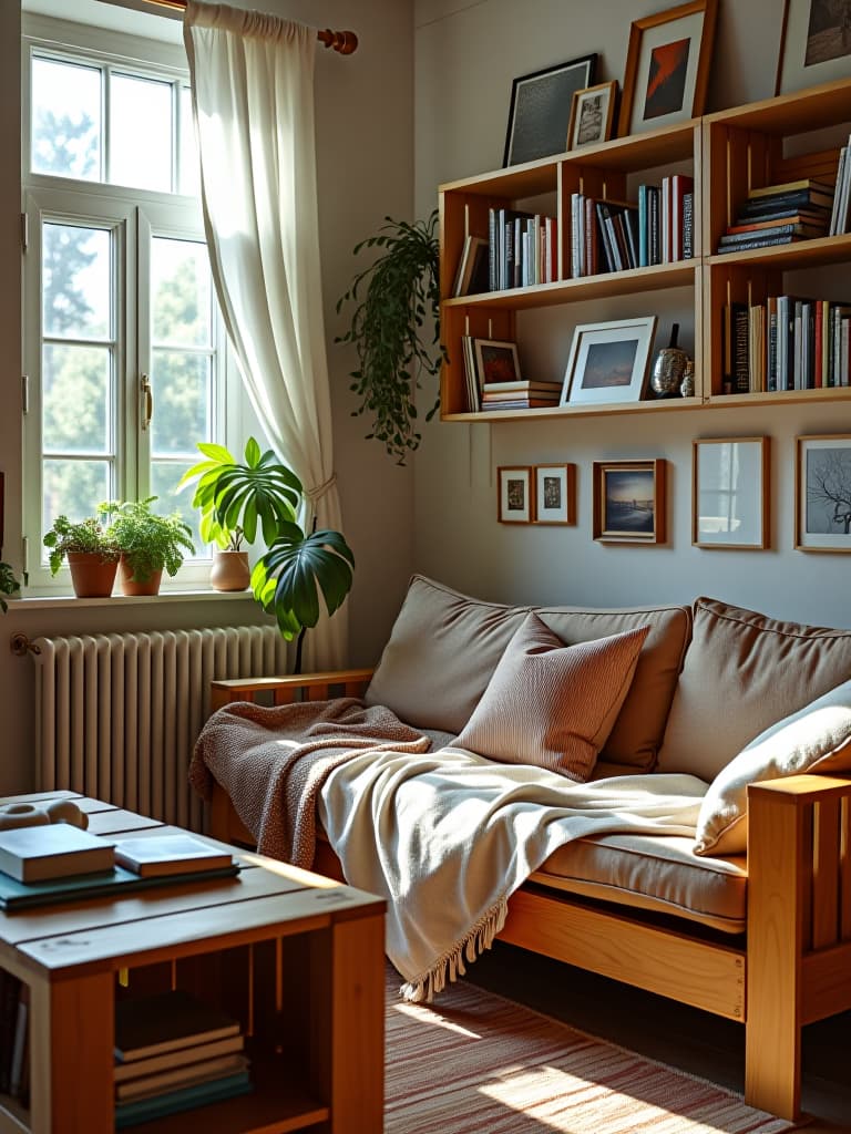  high quality portrait photo of a bright living room with large windows, featuring repurposed wooden crates as shelving, colorful second hand books, and a gallery wall with thrifted frames hyperrealistic, full body, detailed clothing, highly detailed, cinematic lighting, stunningly beautiful, intricate, sharp focus, f/1. 8, 85mm, (centered image composition), (professionally color graded), ((bright soft diffused light)), volumetric fog, trending on instagram, trending on tumblr, HDR 4K, 8K