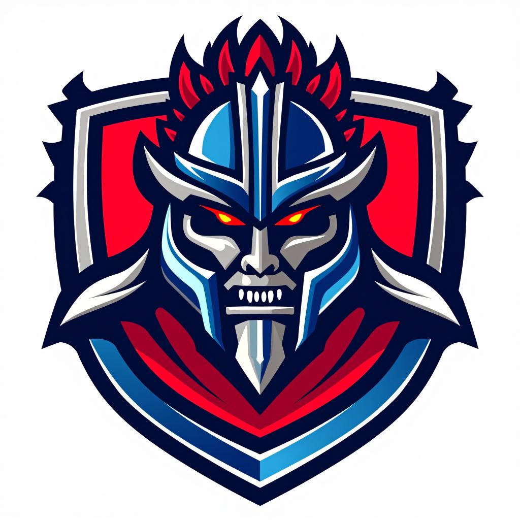  1 warrior kroton 710ac, helmet, red blue background, kroton 710 ac white., (logo), energetic, strong, dynamic, bold, athletic, mascot, shield, bright colors, action oriented, competitive