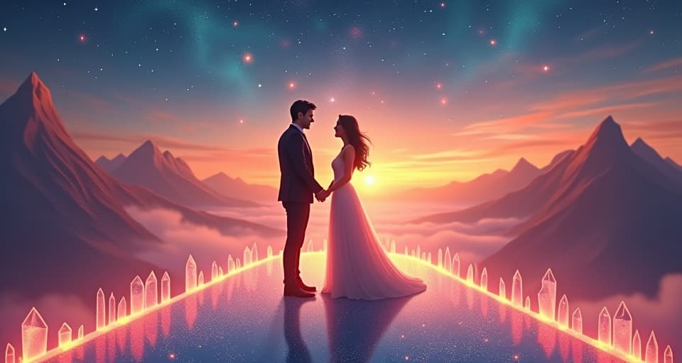  a young couple, glowing with excitement, standing on a mystical floating bridge made of glittering crystals. behind them, a star filled sky and distant, enchanted mountains. romantic, exhilarating atmosphere.. the style is digital art illustration,highly detailed, whimsical,magical, dreamlike atmosphere, realism and fantasy blend, smooth, glossy textures,luminous quality, wonder and enchantment.