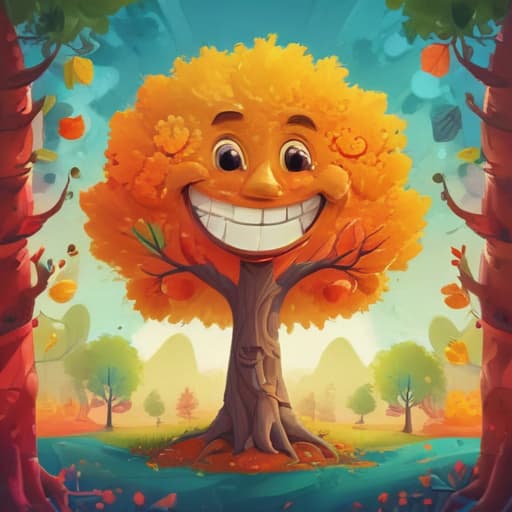 A happy tree with smiling leaves against a backdrop of abstract, vibrant colors. in Cartoon style with Forests background