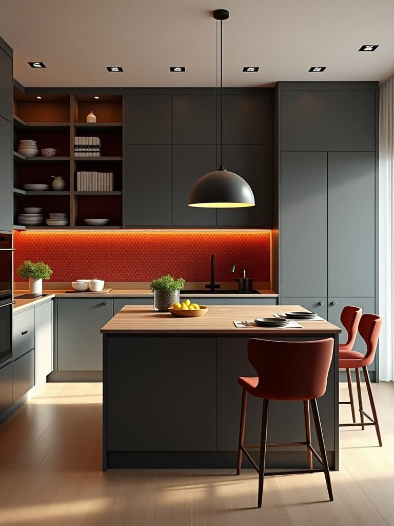  high quality portrait photo of a modern kitchen featuring a bold accent wall with geometric patterns, contrasting with sleek cabinetry and a statement pendant light over a central island hyperrealistic, full body, detailed clothing, highly detailed, cinematic lighting, stunningly beautiful, intricate, sharp focus, f/1. 8, 85mm, (centered image composition), (professionally color graded), ((bright soft diffused light)), volumetric fog, trending on instagram, trending on tumblr, HDR 4K, 8K