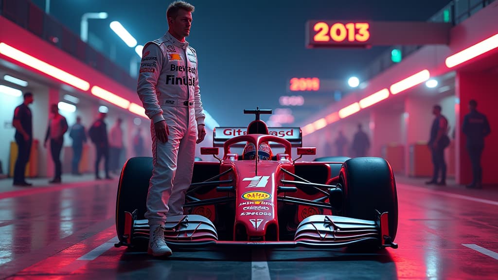  create an ultra detailed and hyper realistic image showcasing mick schumacher in a dramatic and colorful formula 1 setting. the composition should feature schumacher in his racing gear, standing confidently in a brightly lit pit lane. include elements such as a sleek formula 1 car with prominent audi, mercedes, and alpine logos, symbolizing his connections to these teams. display a digital clock in the background, emphasizing the theme of perfect timing in formula 1. surround schumacher with a m