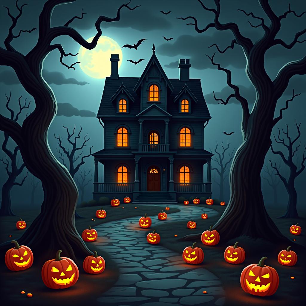  create a seamless digital painting of a spooky, halloween themed scene featuring a haunted house with gothic architecture. the house should be surrounded by twisted, gnarled trees and a multitude of jack o' lanterns. the scene should include a dark, cloudy sky to enhance the eerie atmosphere. the overall style should be detailed and atmospheric, capturing the essence of a haunted, creepy environment perfect for halloween, ensuring the design is seamless for use in repeating patterns or wraps.