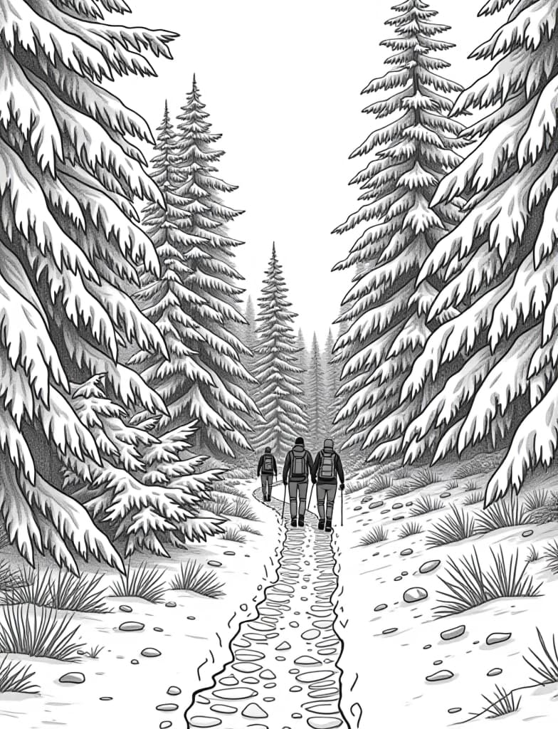  this is for an adult coloring page. a detailed black and white line art of a snowy snowy woodland trail with a group of hikers walking on a solid white background.