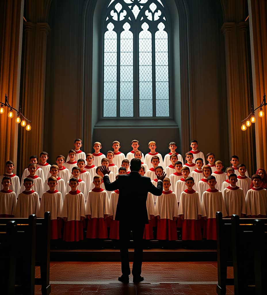  choir wearing white and red uniforms inside a big catholic church on a rainy night with candles beside them. there are 3 rows, and one of the boys somewhere to the left is facing backwards to the rest of the choir, with the conductor infront of the choirboys conducting with flailing arms, taken on a typical android phone