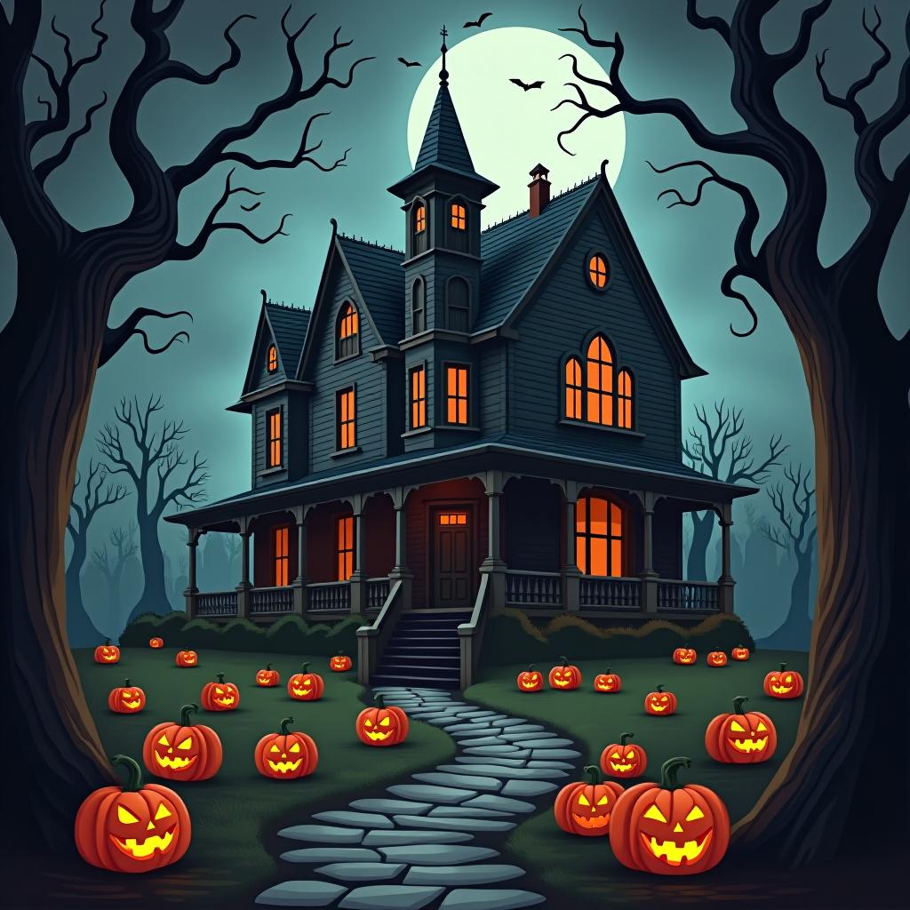  create a seamless digital painting of a spooky, halloween themed scene featuring a haunted house with gothic architecture. the house should be surrounded by twisted, gnarled trees and a multitude of jack o' lanterns. the scene should include a dark, cloudy sky to enhance the eerie atmosphere. the overall style should be detailed and atmospheric, capturing the essence of a haunted, creepy environment perfect for halloween, ensuring the design is seamless for use in repeating patterns or wraps.