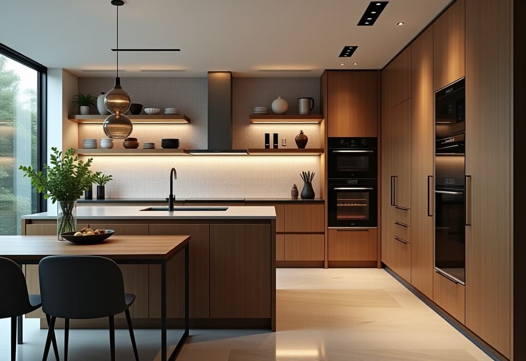  a landscape photo of a contemporary kitchen with a striking geometric backsplash, floating shelves, and a hidden pantry door, showcasing clever storage solutions hyperrealistic, full body, detailed clothing, highly detailed, cinematic lighting, stunningly beautiful, intricate, sharp focus, f/1. 8, 85mm, (centered image composition), (professionally color graded), ((bright soft diffused light)), volumetric fog, trending on instagram, trending on tumblr, HDR 4K, 8K