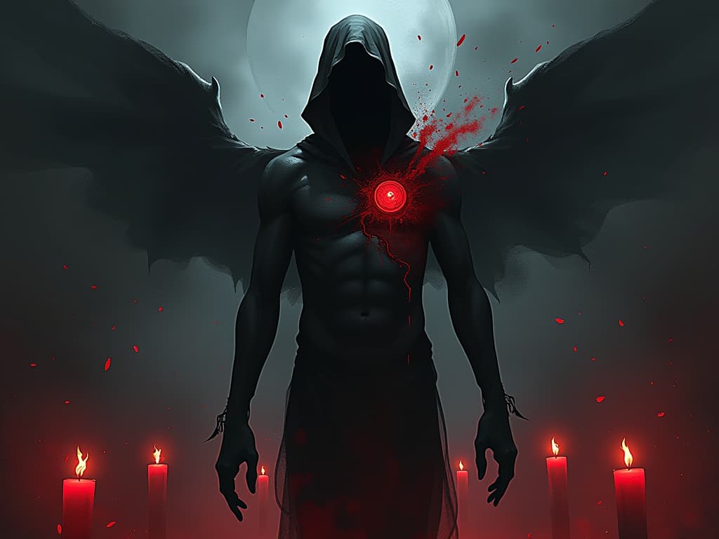  a humanoid figure with a missing torso, surrounded by ghostly remnants, dark mist enveloping them, sense of being incomplete and torn apart. the style is digital art illustration / modern comic book / graphic dark novel fantasy and mysterious occult, symbolic, moody lighting, esoteric vibe,high detail on character design. for the color scheme emphasize blacks and reds.