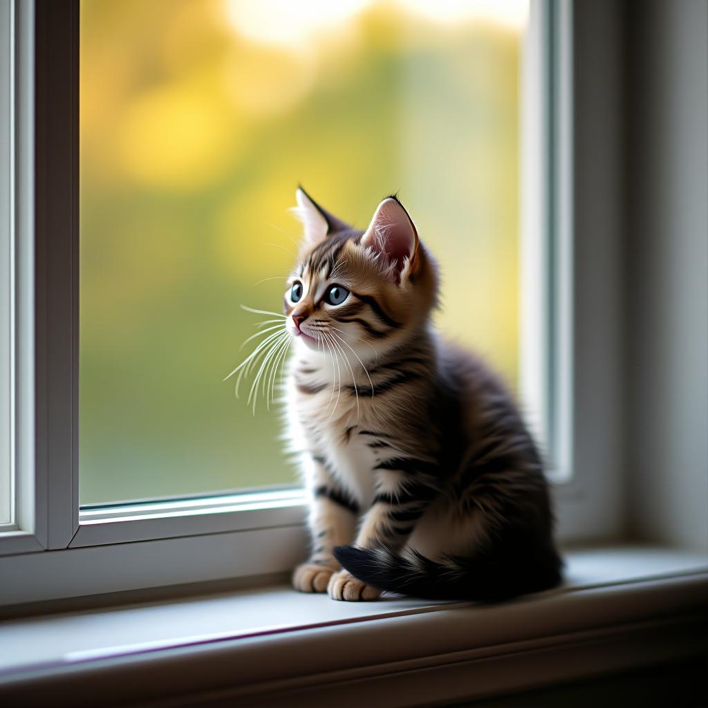  a little kitten is sitting on the windowsill.